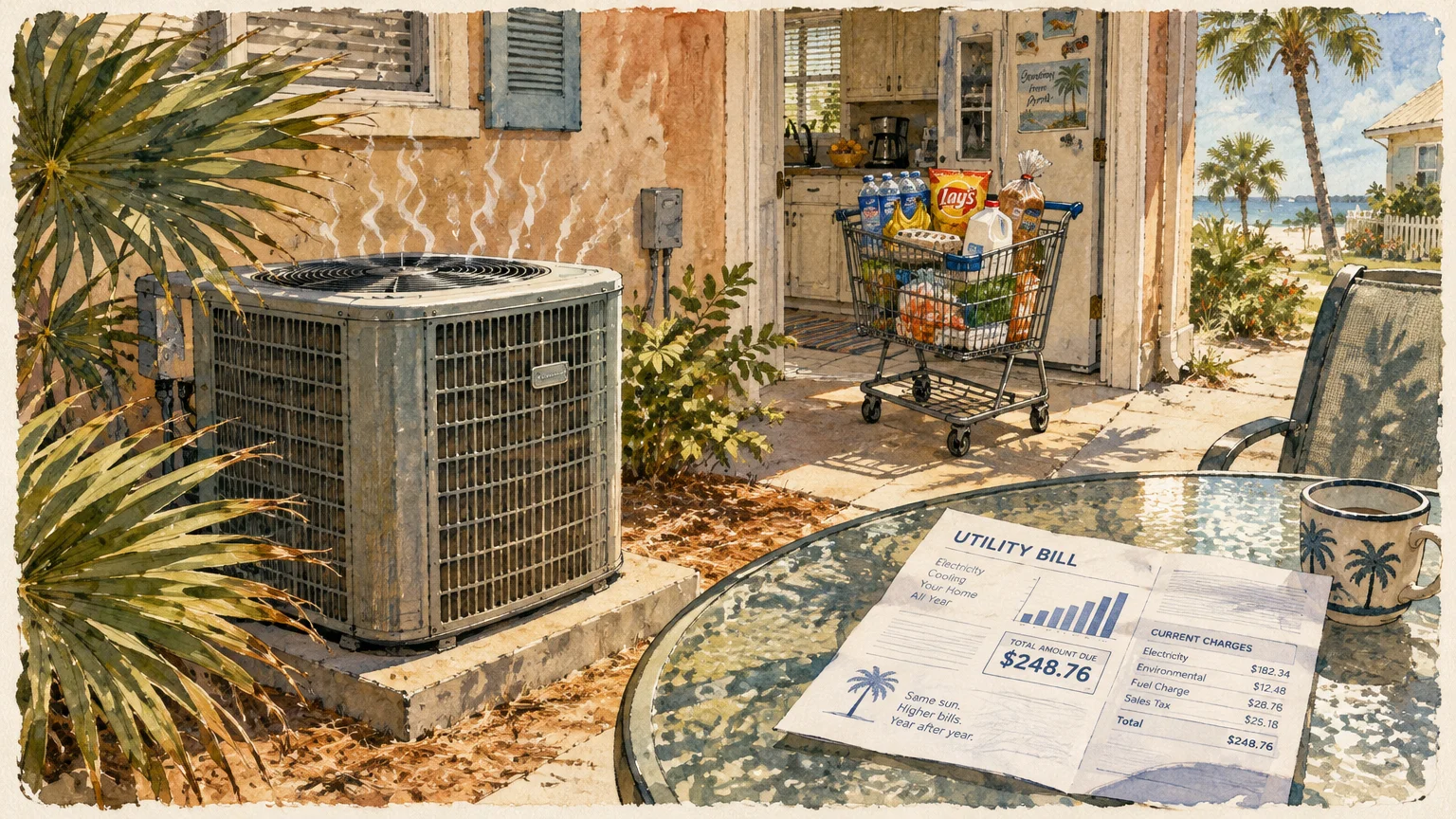Watercolor illustration of an air conditioner outside a patio with a utility bill and a grocery cart in the doorway.