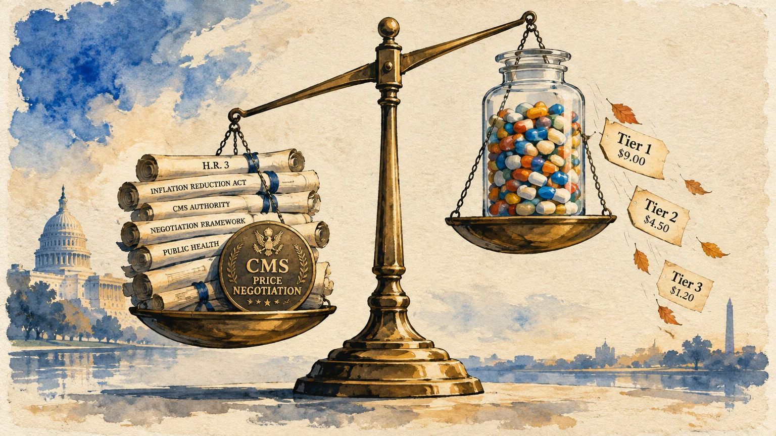 Illustration of a brass scale balancing legislative scrolls and a seal against a jar of pills and falling tier price tags.