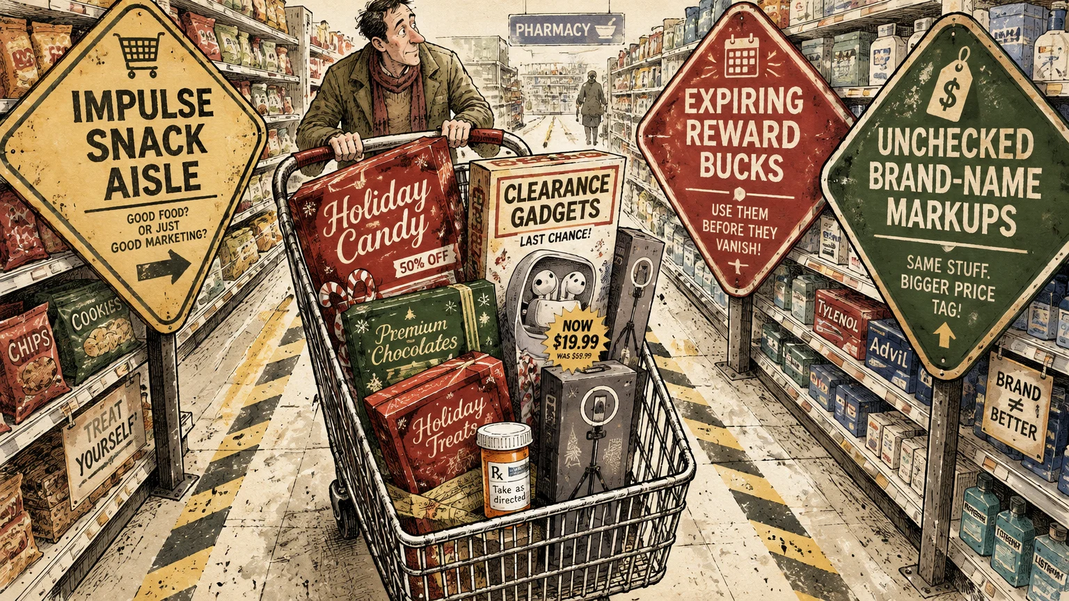 Illustration of a shopper pushing a cart packed with impulse buys past warning signs in a pharmacy aisle.