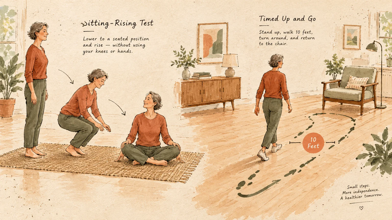 A woman demonstrates the Sitting-Rising Test steps on a rug and a 10-foot walking path from an armchair.
