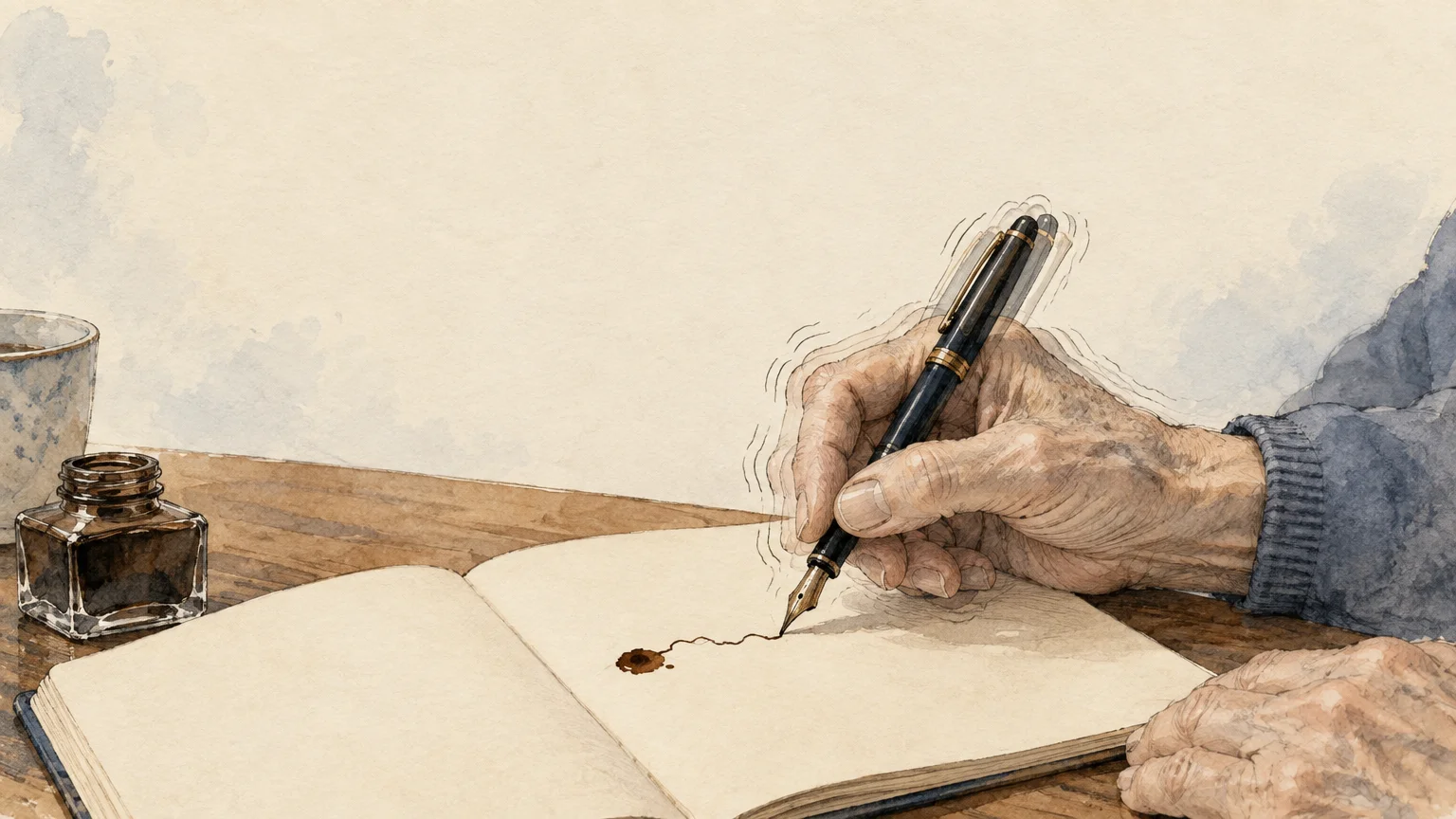 Watercolor illustration of a trembling elderly hand attempting to write in an open notebook with a fountain pen.