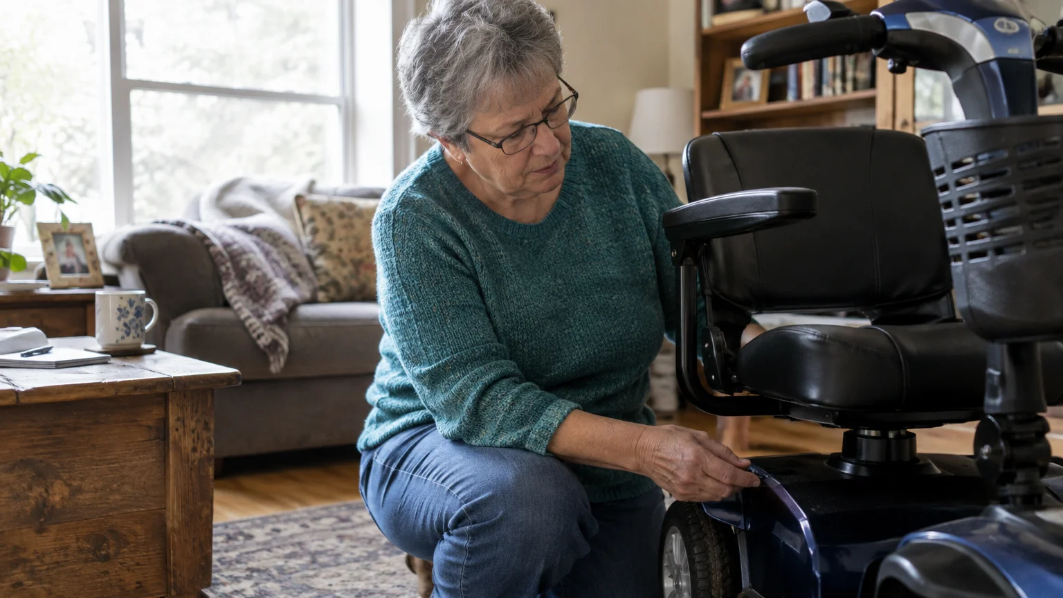 A senior woman kneeling down in her living room to inspect the base and seat of a blue mobility scooter.