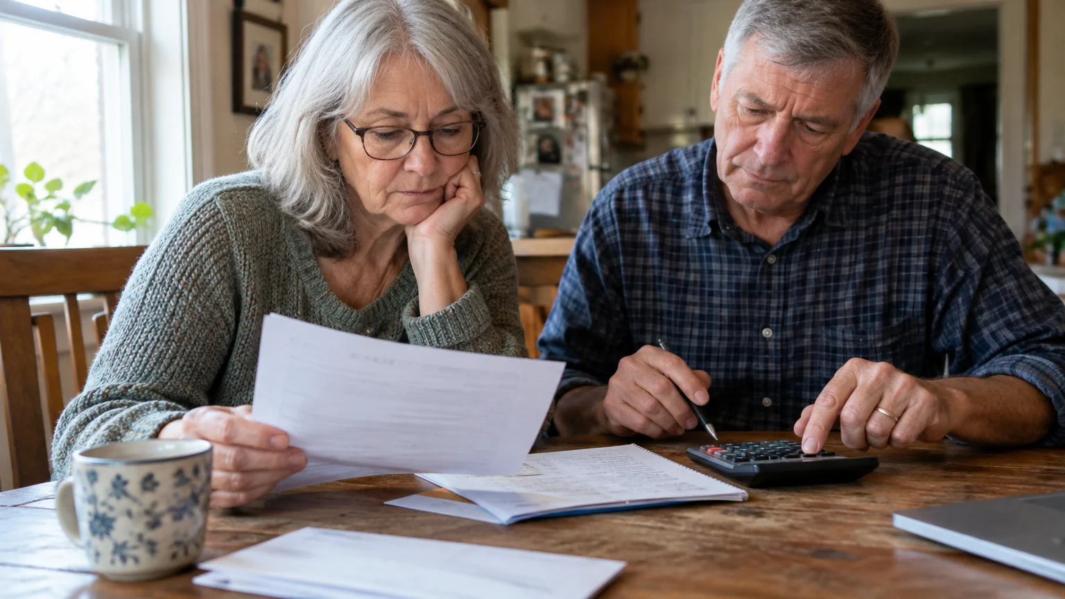 Senior couple sitting at a wooden table reviewing medical paperwork, bills, and using a calculator.