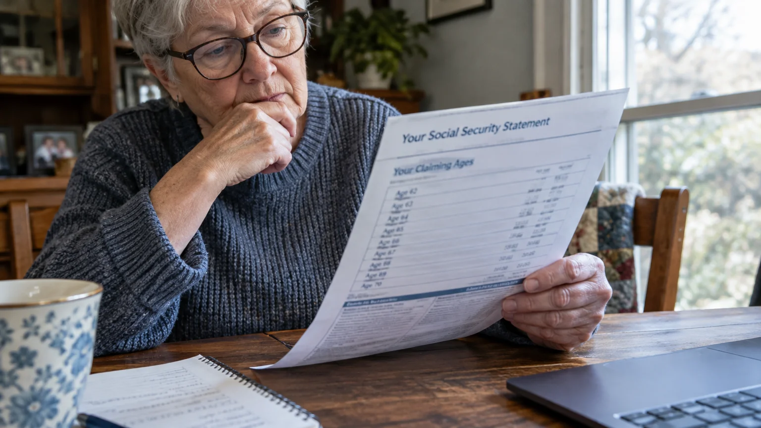 A senior woman wearing glasses sits at a table and carefully reads a paper Social Security statement.