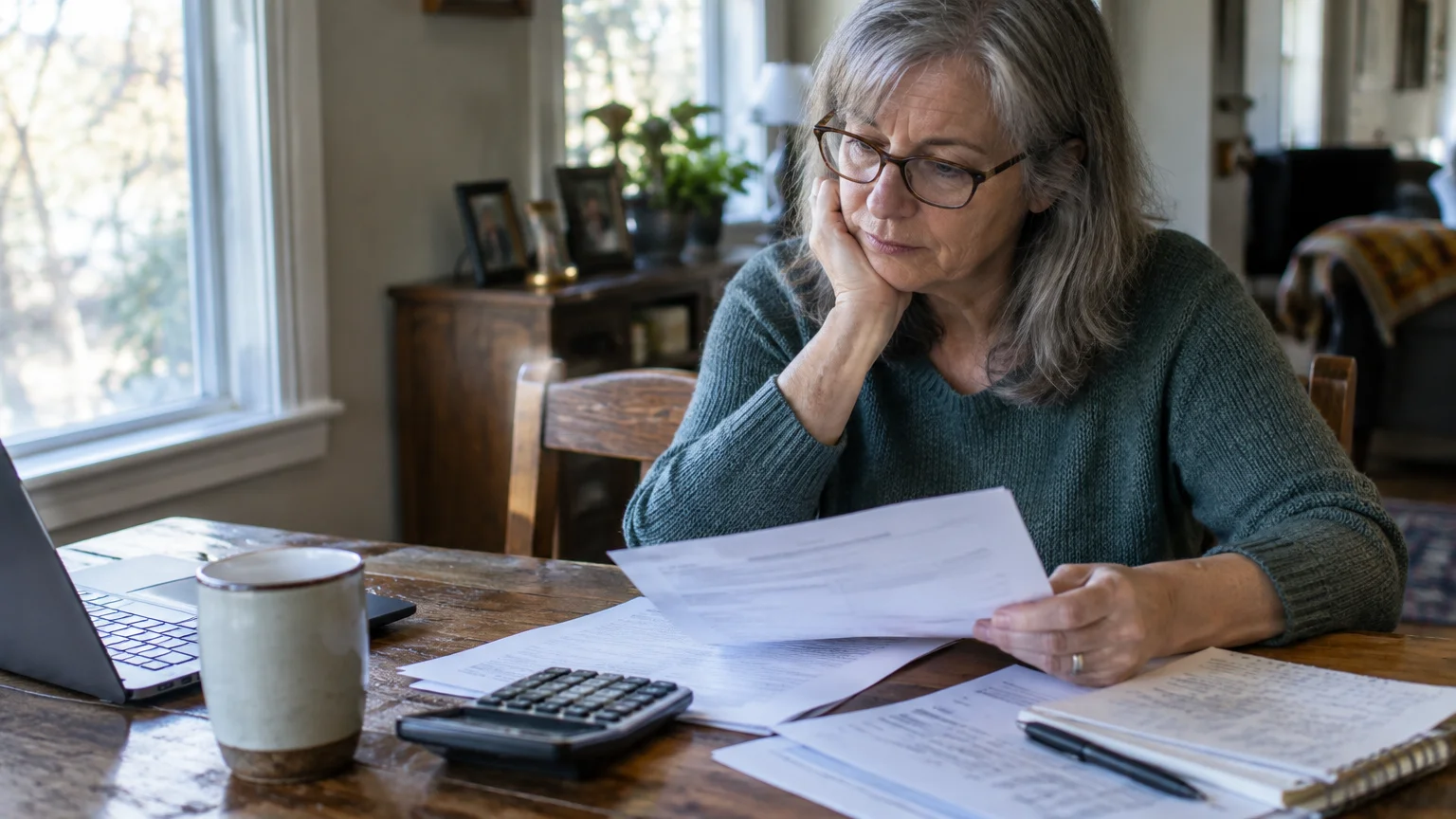 A woman with glasses sits at a wooden table reviewing papers beside a laptop, calculator, and mug.