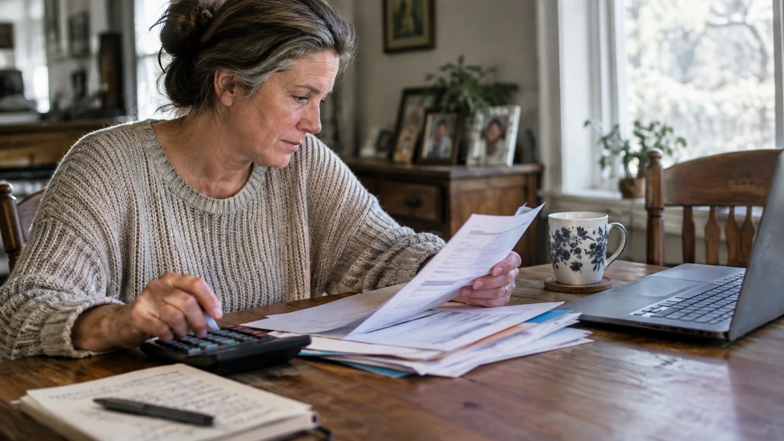 A woman sits at a wooden table reviewing paperwork with a calculator, notebook, coffee mug, and laptop nearby.