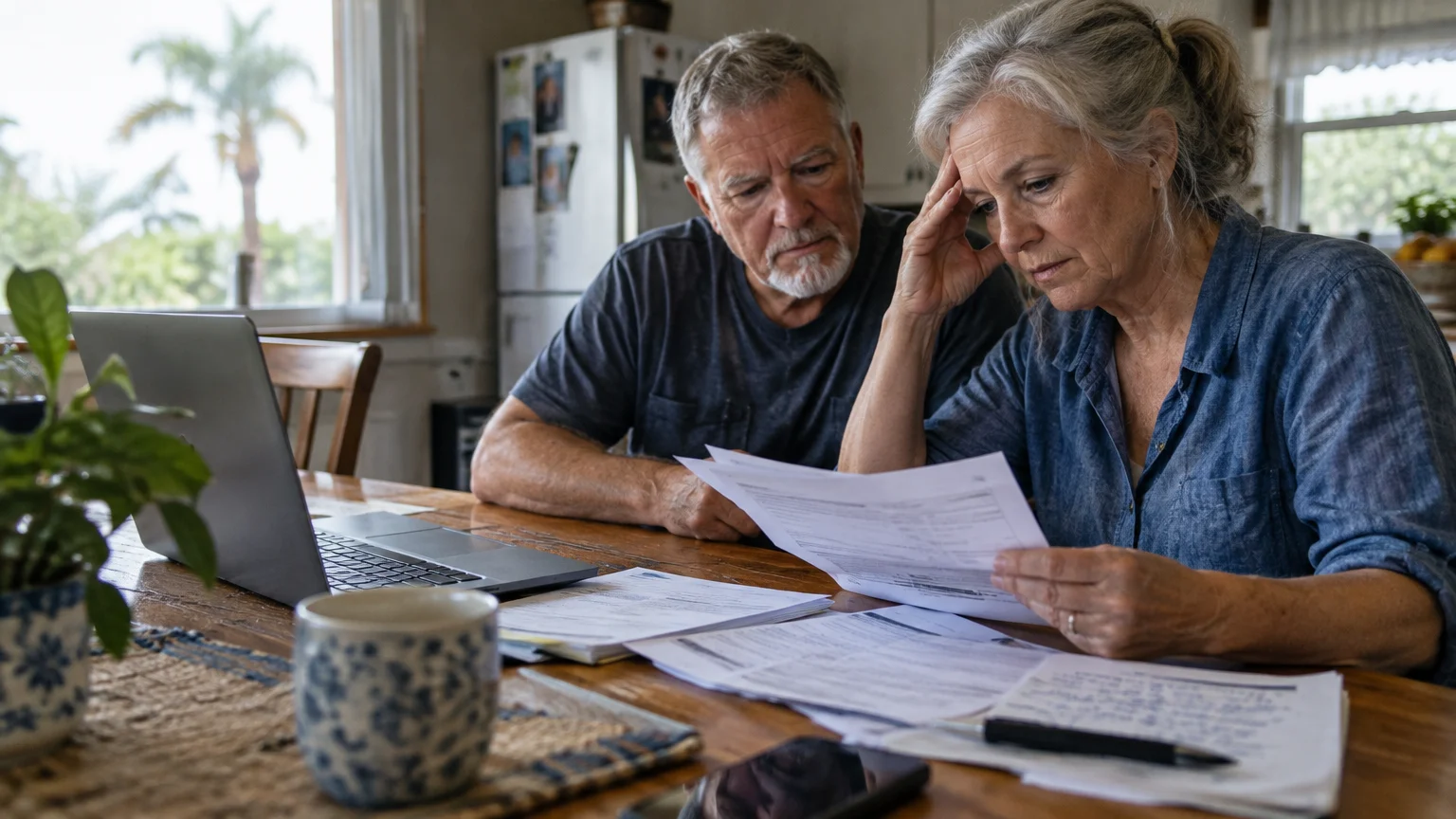 An older couple looks worried while reviewing paperwork and a laptop at their kitchen table.