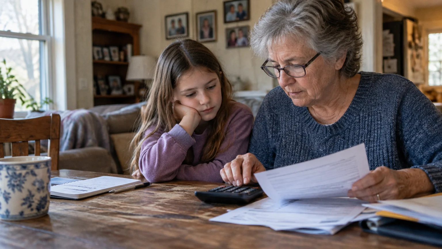 An older woman with glasses uses a calculator and reviews paperwork at a wooden table beside a young girl resting her chin.