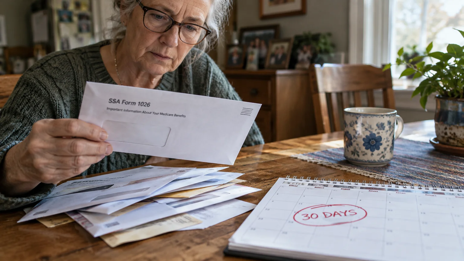 Older woman holding an envelope labeled SSA Form 1026 at a table next to mail and a calendar circled with 30 days.