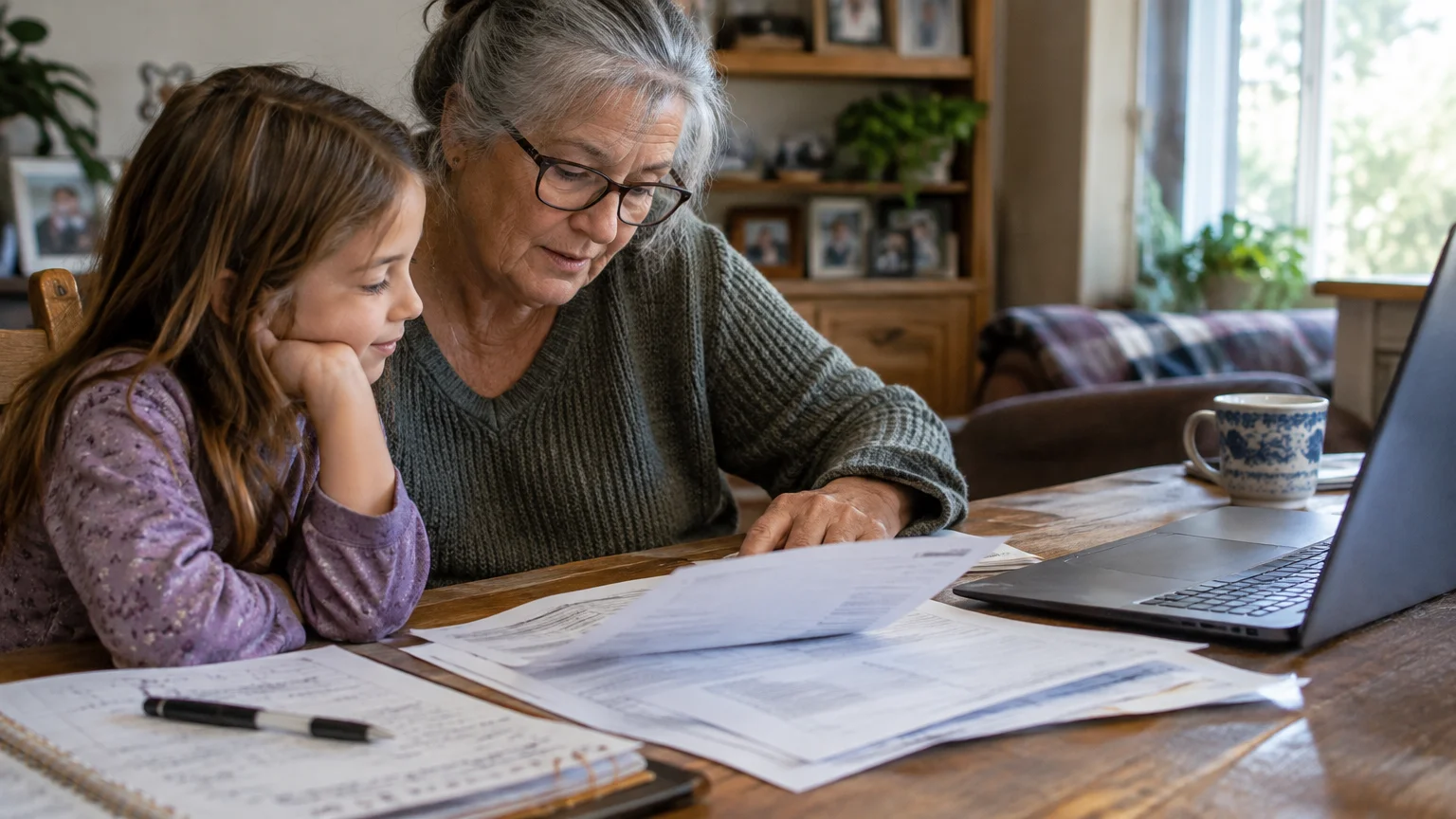 A grandmother wearing glasses reviews paperwork at a wooden table beside her young granddaughter and a laptop.