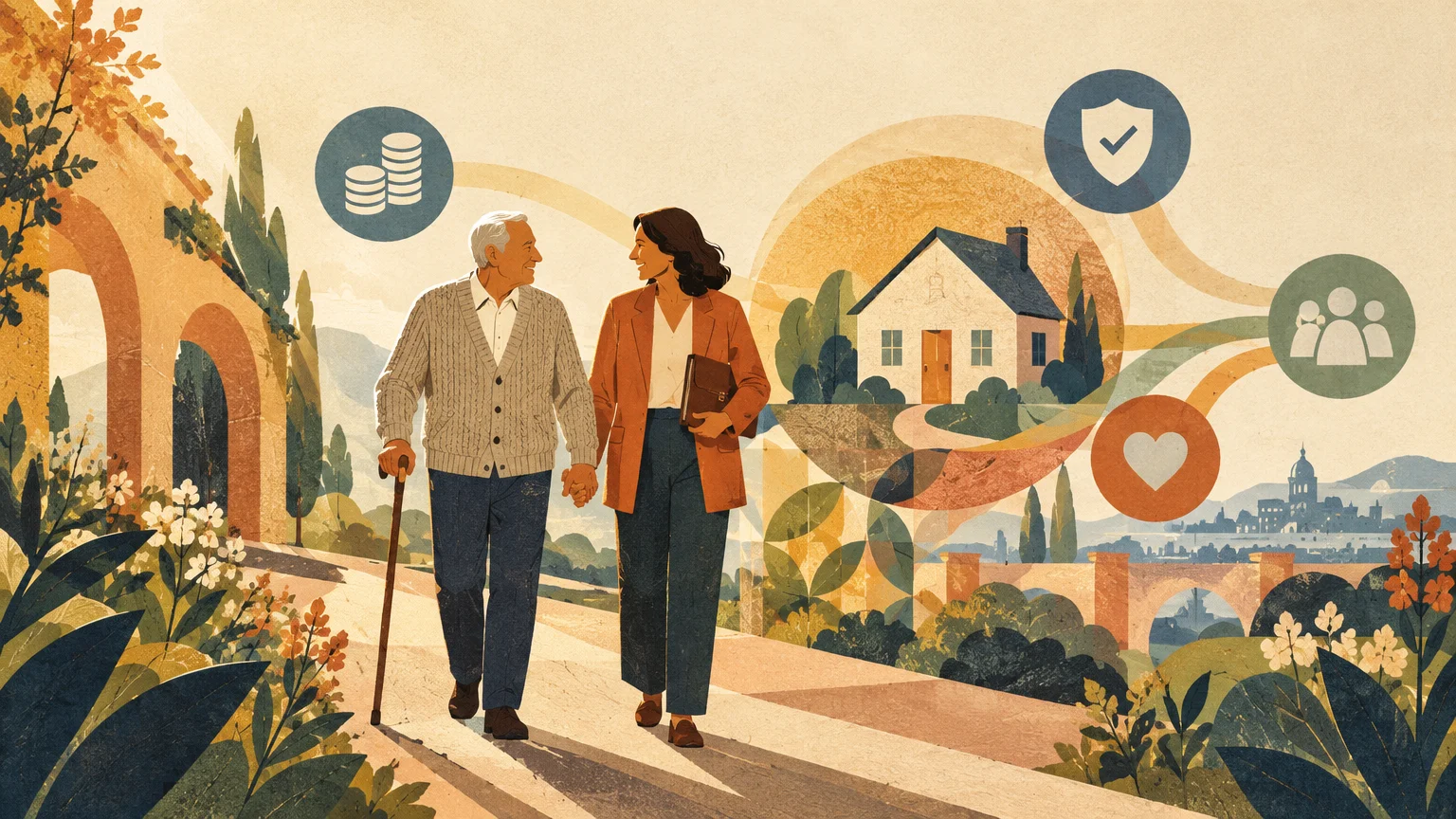 An older man with a cane and a woman walk along a path beside circular icons representing home, money, and care.