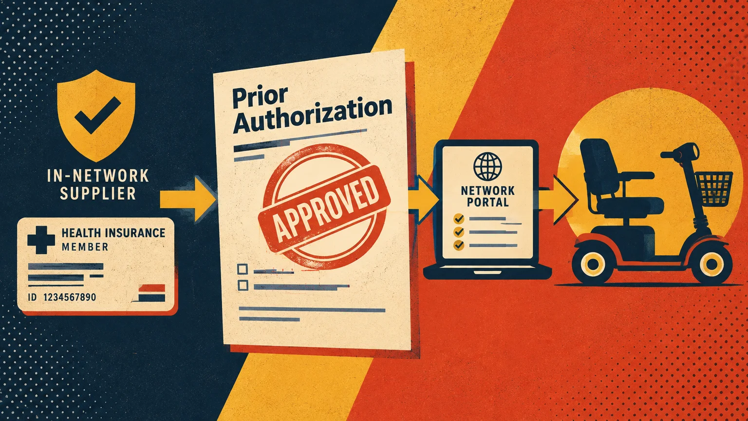 Diagram showing an insurance card, approved prior authorization form, laptop portal, and mobility scooter with arrows.