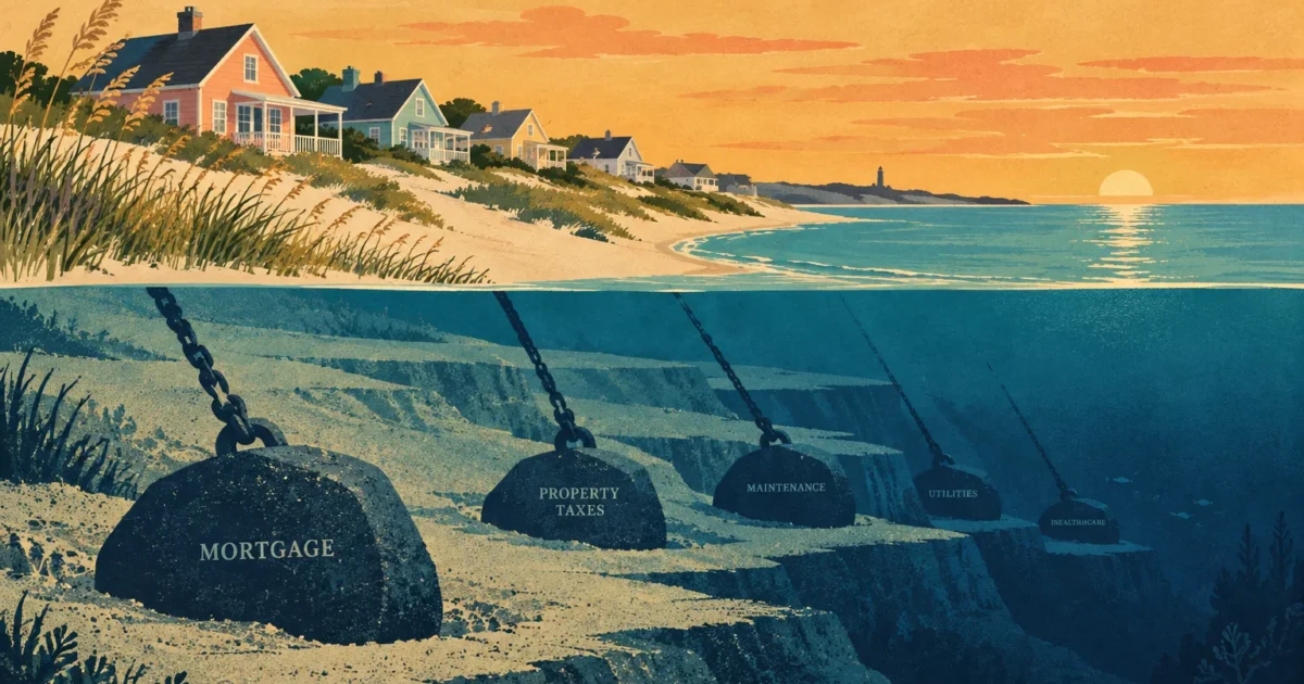 Coastal beach houses above water with chained underwater boulders labeled mortgage, property taxes, and maintenance.