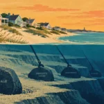 Coastal beach houses above water with chained underwater boulders labeled mortgage, property taxes, and maintenance.