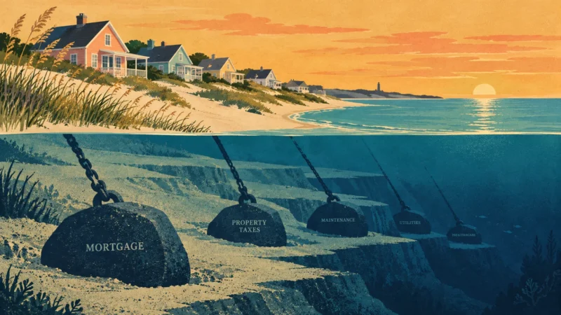 Coastal beach houses above water with chained underwater boulders labeled mortgage, property taxes, and maintenance.