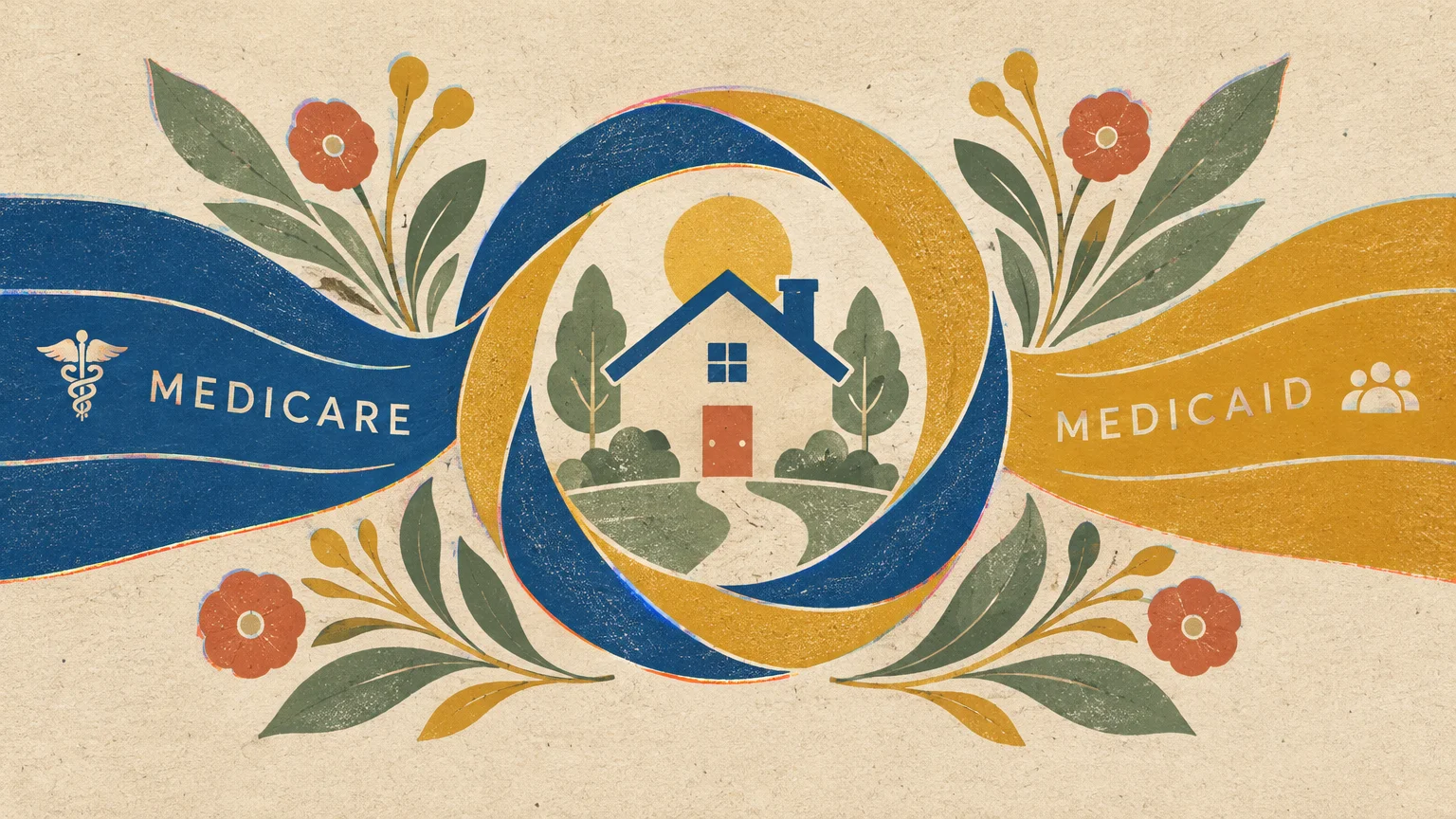 Screenprint of blue Medicare and gold Medicaid banners encircling a central house illustration framed by floral branches.