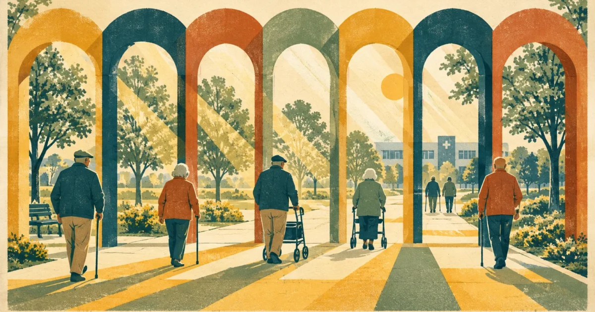 Stylized illustration of elderly people walking with canes and walkers through colorful arches toward a medical building.