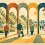 Stylized illustration of elderly people walking with canes and walkers through colorful arches toward a medical building.