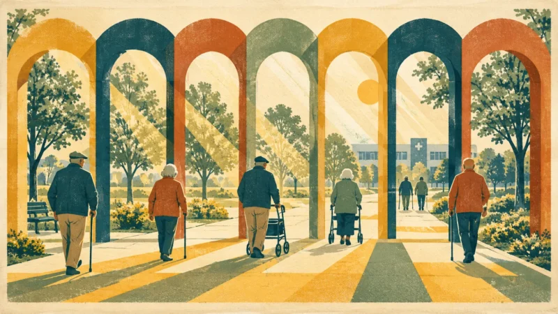 Stylized illustration of elderly people walking with canes and walkers through colorful arches toward a medical building.