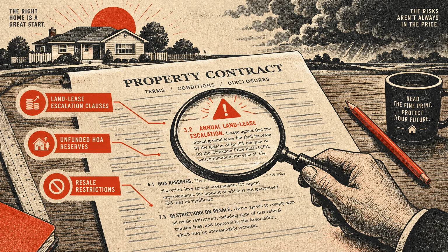 Illustration of a hand holding a magnifying glass over a property contract, highlighting land-lease escalation clauses.