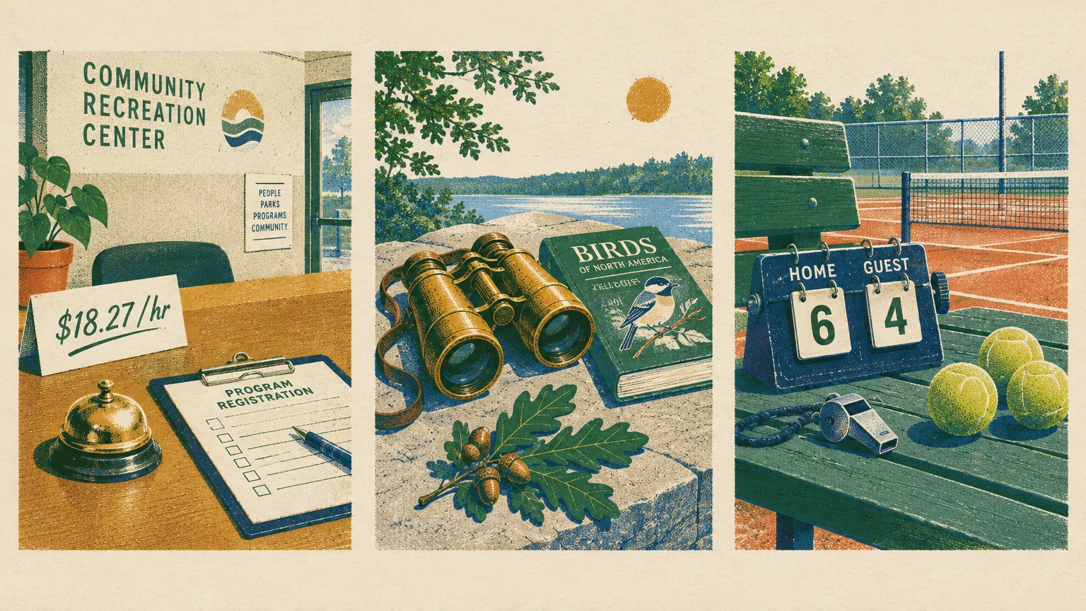 Triptych illustration showing a recreation center front desk, binoculars outdoors with a bird book, and tennis court items.