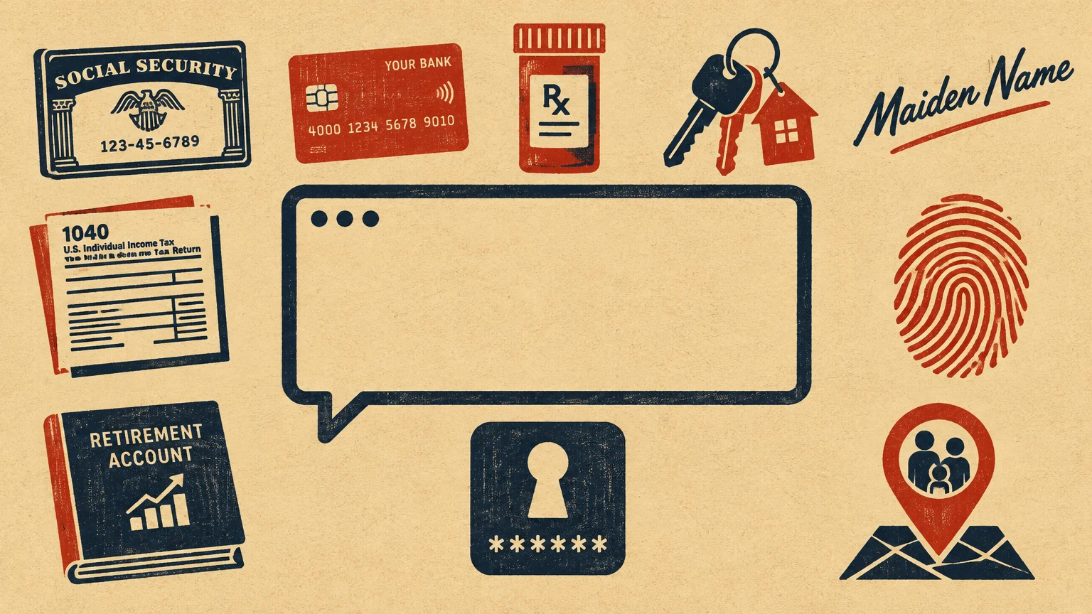 Illustration of an empty chat bubble surrounded by icons of sensitive personal items like credit cards and tax forms.