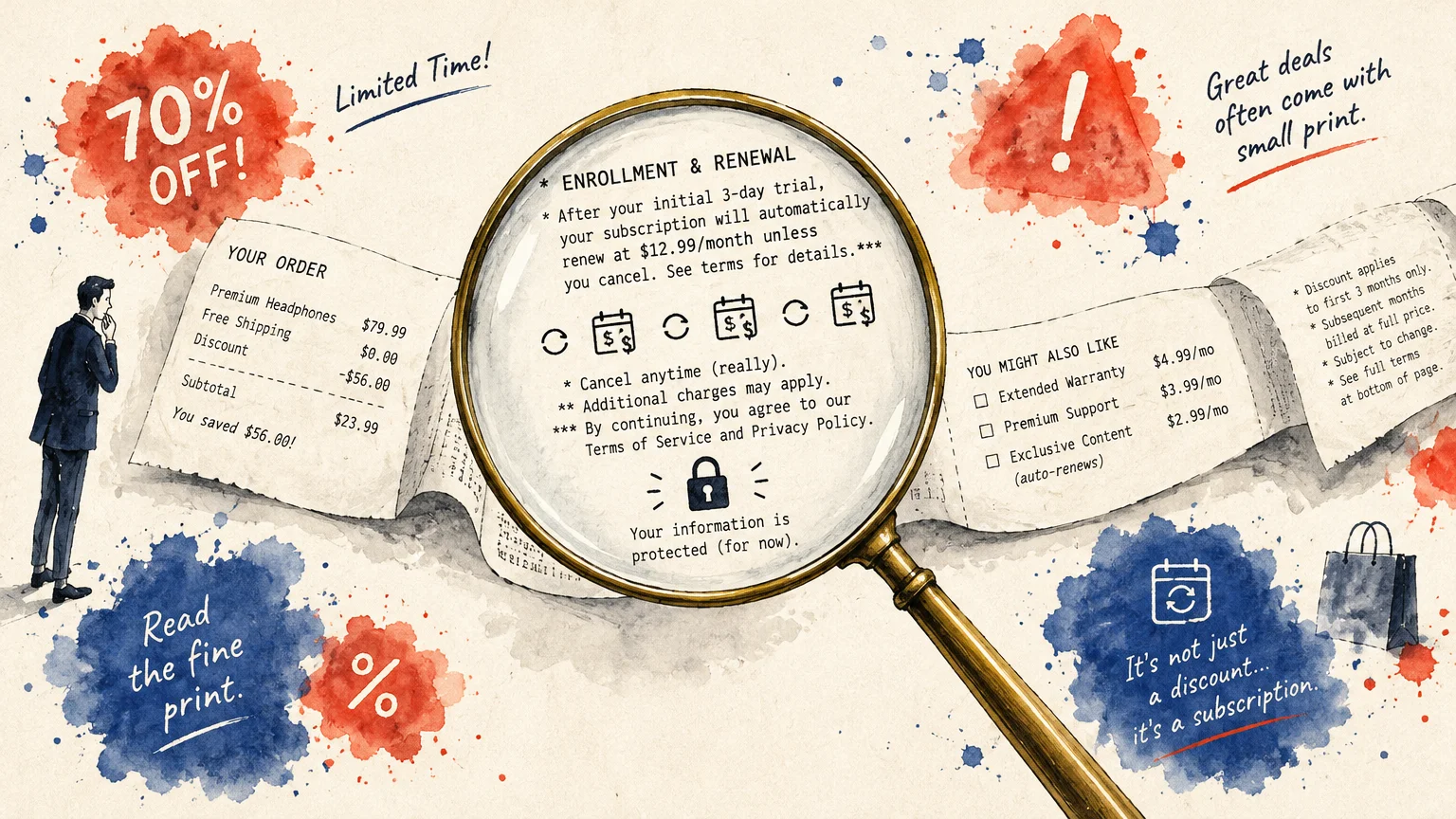 Illustration of a magnifying glass enlarging fine print on a receipt warning about recurring subscription charges.