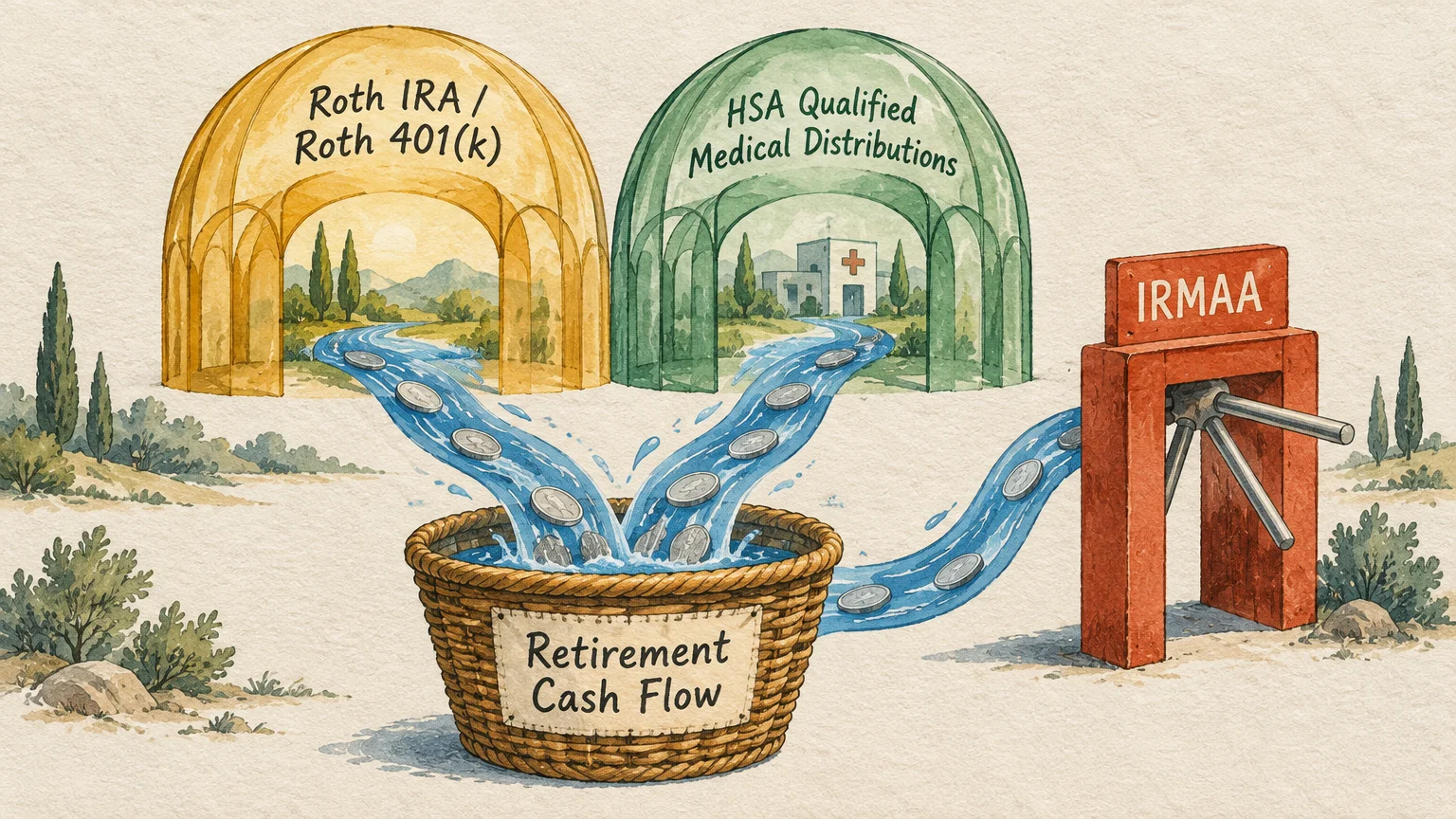 Illustration of streams with coins flowing from Roth and HSA domes into a basket labeled retirement cash flow, bypassing IRMAA.