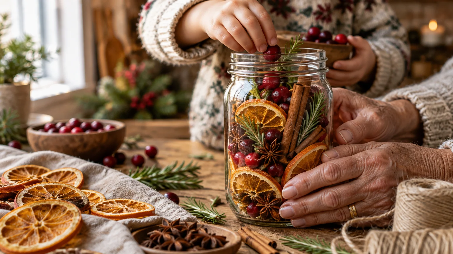 Hands of an adult and child filling a glass jar with dried orange slices, cranberries, and cinnamon sticks.