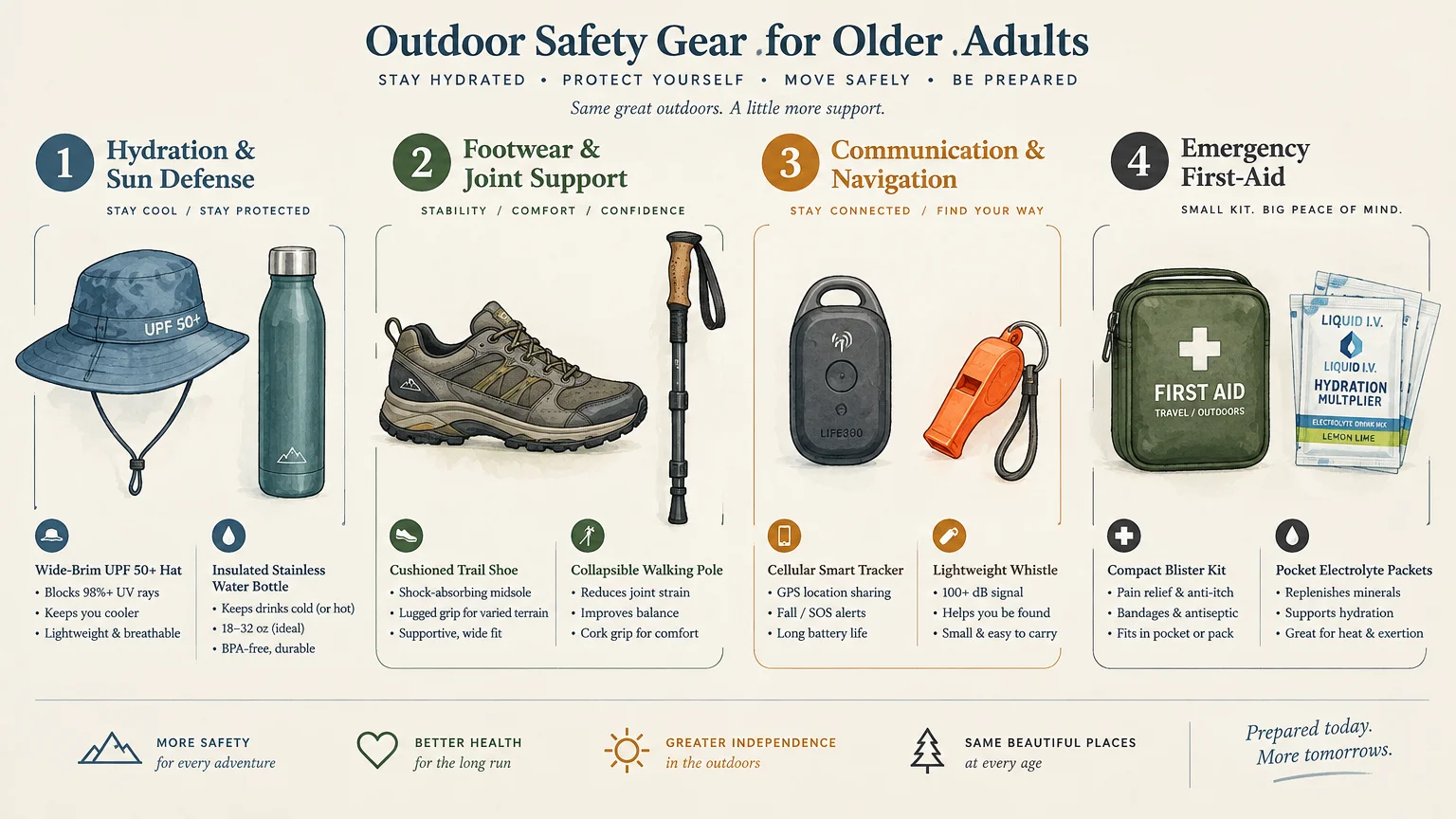 Diagram outlining outdoor safety gear for older adults, featuring a sun hat, water bottle, trail shoe, and first-aid kit.
