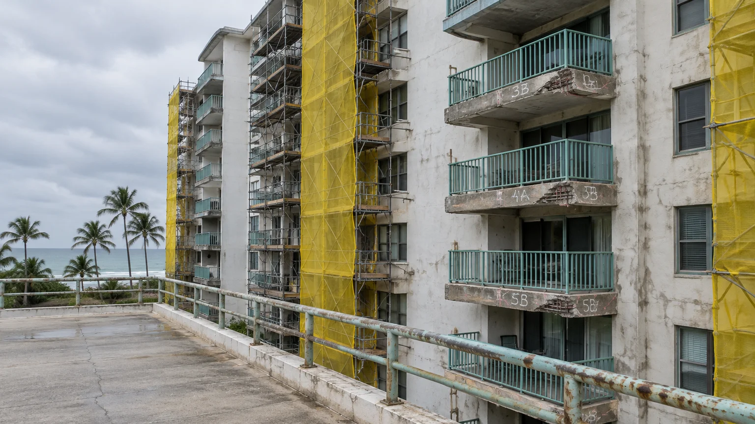 Exterior of a multistory coastal condo building undergoing repairs, with yellow construction netting over scaffolding.