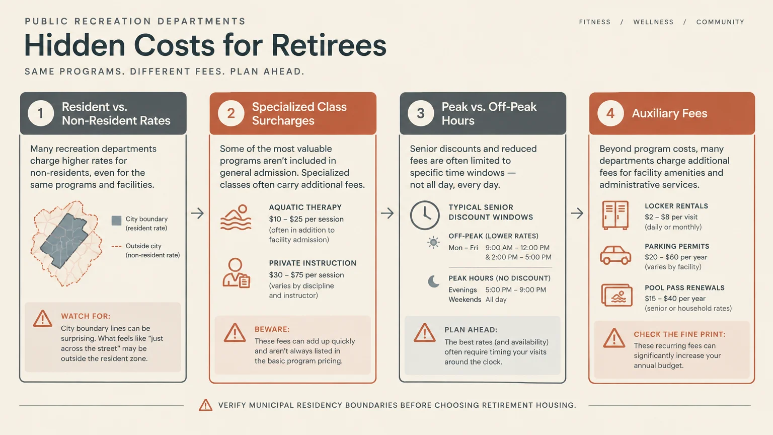 Four-step diagram showing hidden recreation costs for retirees: resident rates, class surcharges, off-peak hours, and auxiliary fees.