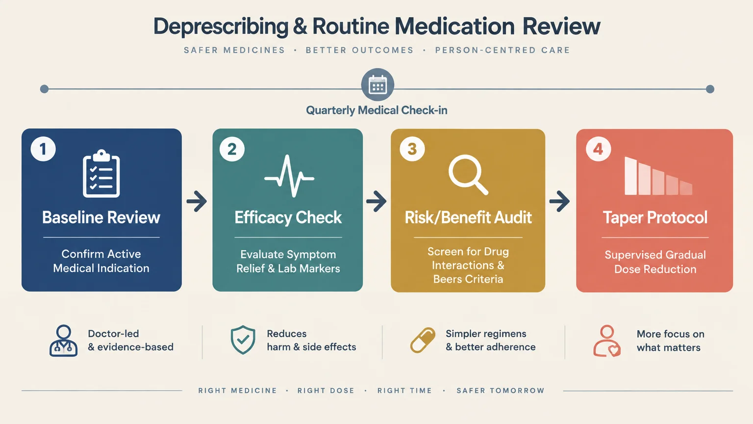 Diagram outlining four medication review steps: Baseline Review, Efficacy Check, Risk/Benefit Audit, and Taper Protocol.