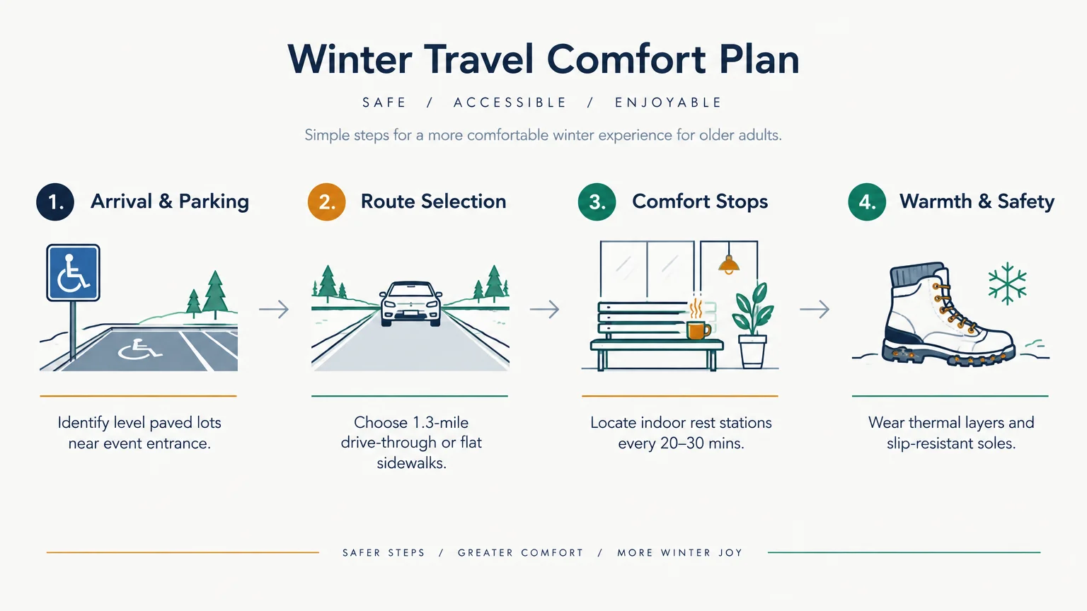 Infographic outlining a four-step winter travel comfort plan: parking, route selection, comfort stops, and warmth.