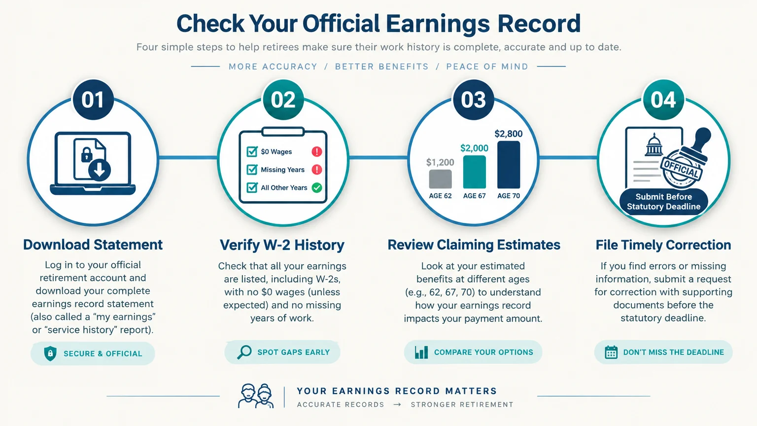 Infographic showing four steps to check earnings records: download statement, verify W-2 history, review estimates, file.