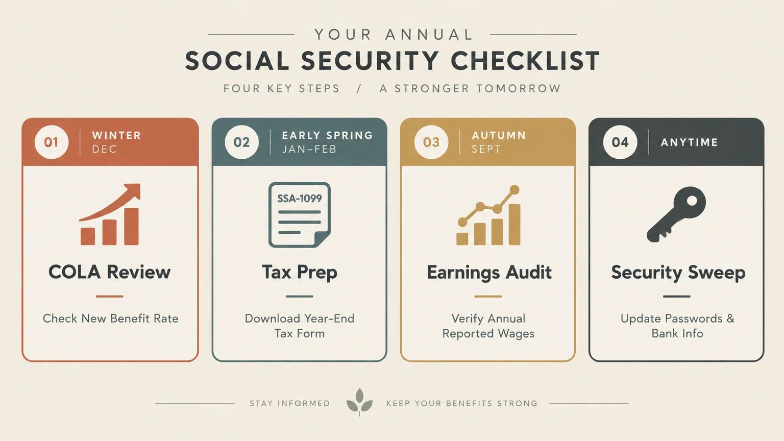 Four-step diagram for an annual Social Security checklist: COLA Review, Tax Prep, Earnings Audit, and Security Sweep.
