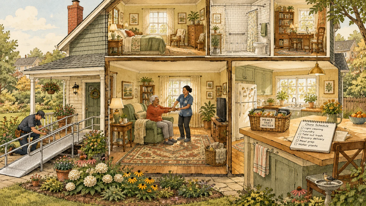 Cutaway illustration of a home showing an accessibility ramp being installed, a senior with a caregiver, and prepped meals.