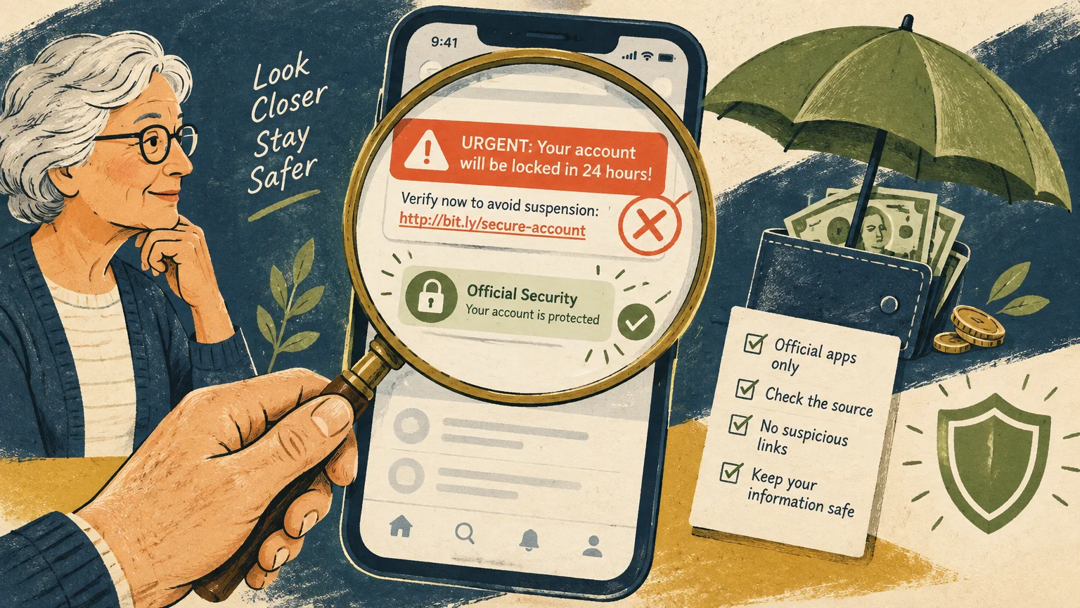 Illustration of a woman inspecting a phone showing an urgent account warning through a magnifying glass near a wallet.