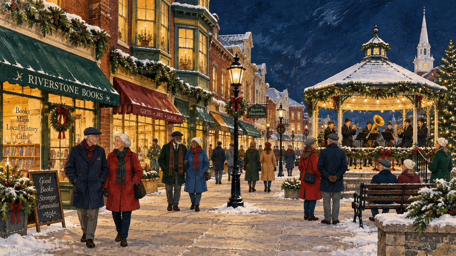 Illustration of people walking on a snowy downtown sidewalk past shops and a gazebo with musicians playing holiday music.