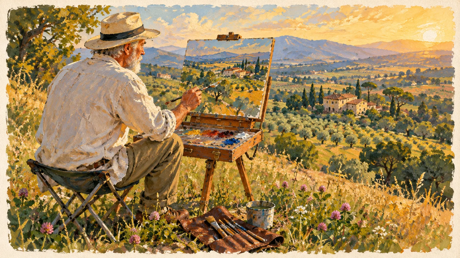 Illustration of an elderly artist in a straw hat sitting on a hillside, painting a rural countryside landscape on an easel.
