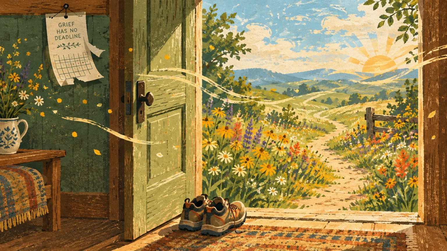 Open wooden doorway with hiking shoes on a mat, looking out toward a sunlit path winding through wildflower hills.