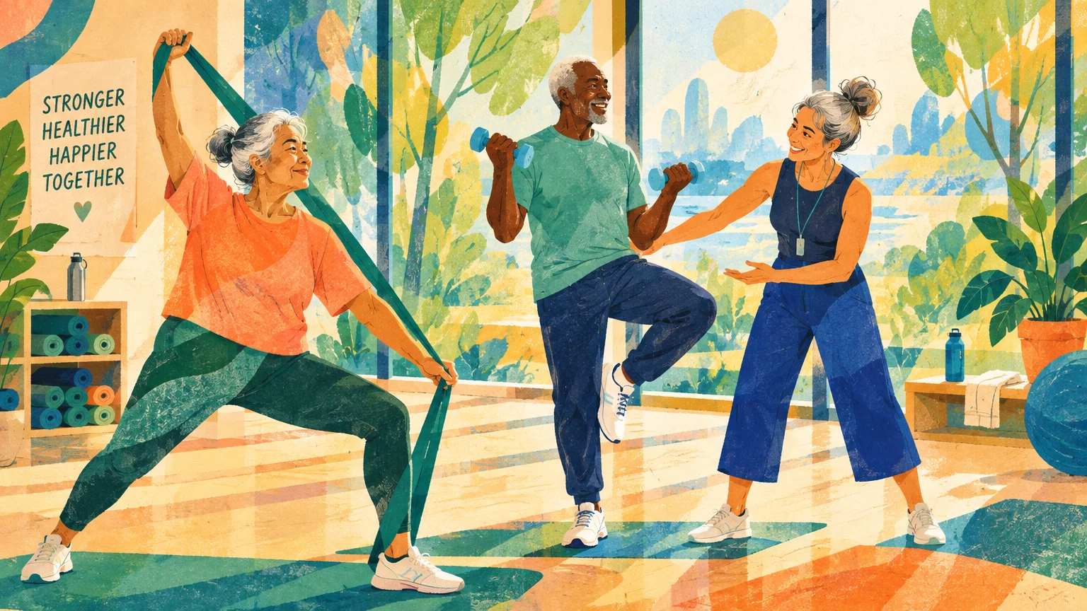 Illustration of three older adults exercising with resistance bands and dumbbells in a bright, sunlit fitness studio.