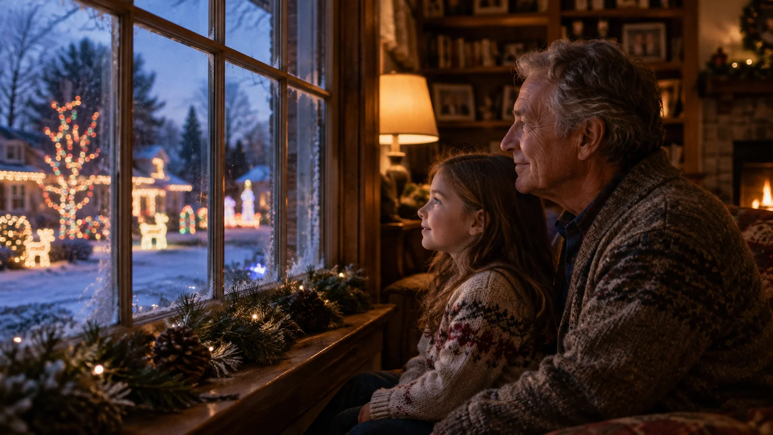 A grandfather and young granddaughter sit together indoors, looking out a window at snowy outdoor Christmas light displays.