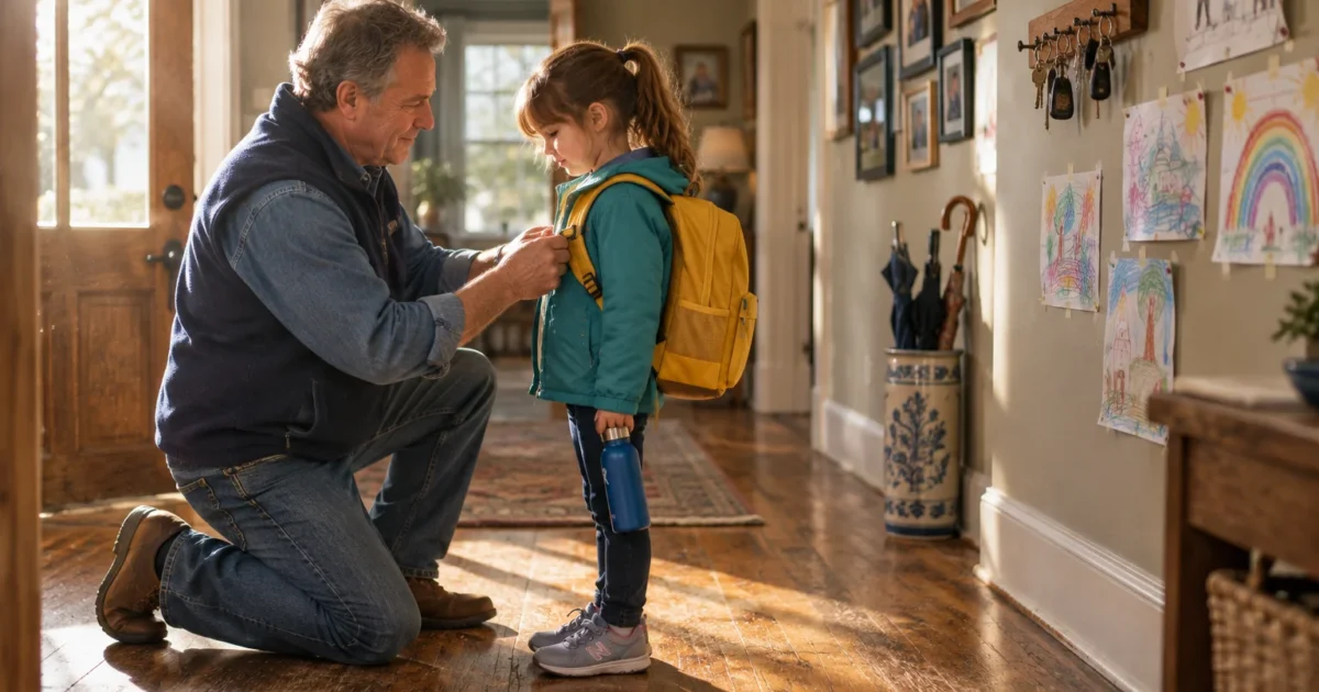 Grandfather kneeling in a sunlit hallway adjusts the backpack straps of a young girl holding a water bottle.