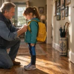 Grandfather kneeling in a sunlit hallway adjusts the backpack straps of a young girl holding a water bottle.