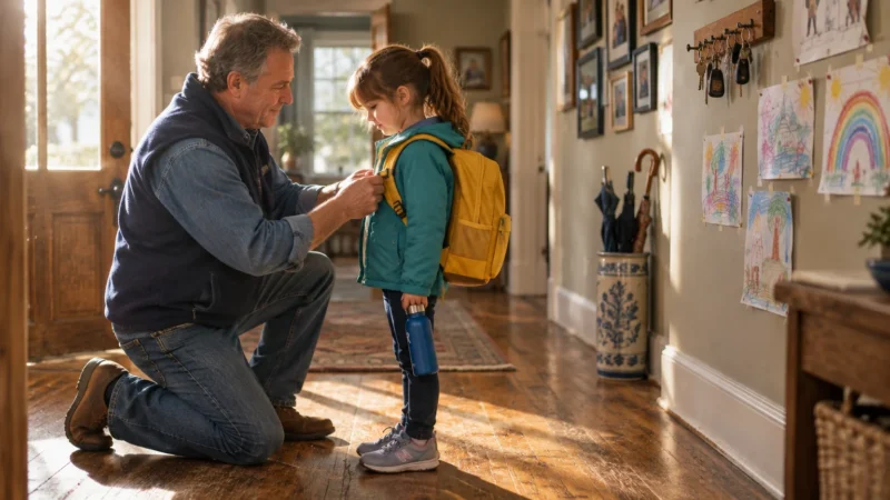 Grandfather kneeling in a sunlit hallway adjusts the backpack straps of a young girl holding a water bottle.