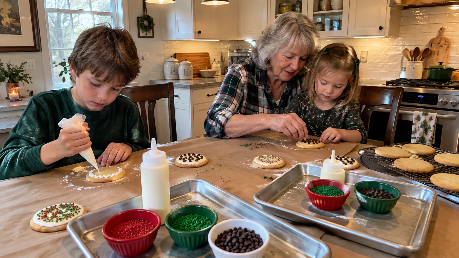 A grandmother and two grandchildren sit at a paper-covered table decorating baked cookies with icing and colorful toppings.