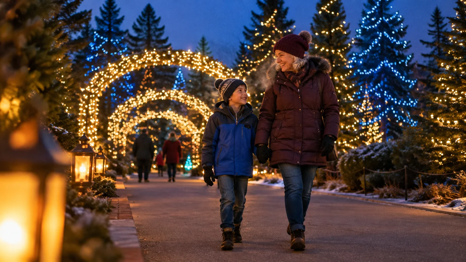 A grandmother and young boy walk hand in hand down a paved path lined with glowing holiday light arches and decorated trees.