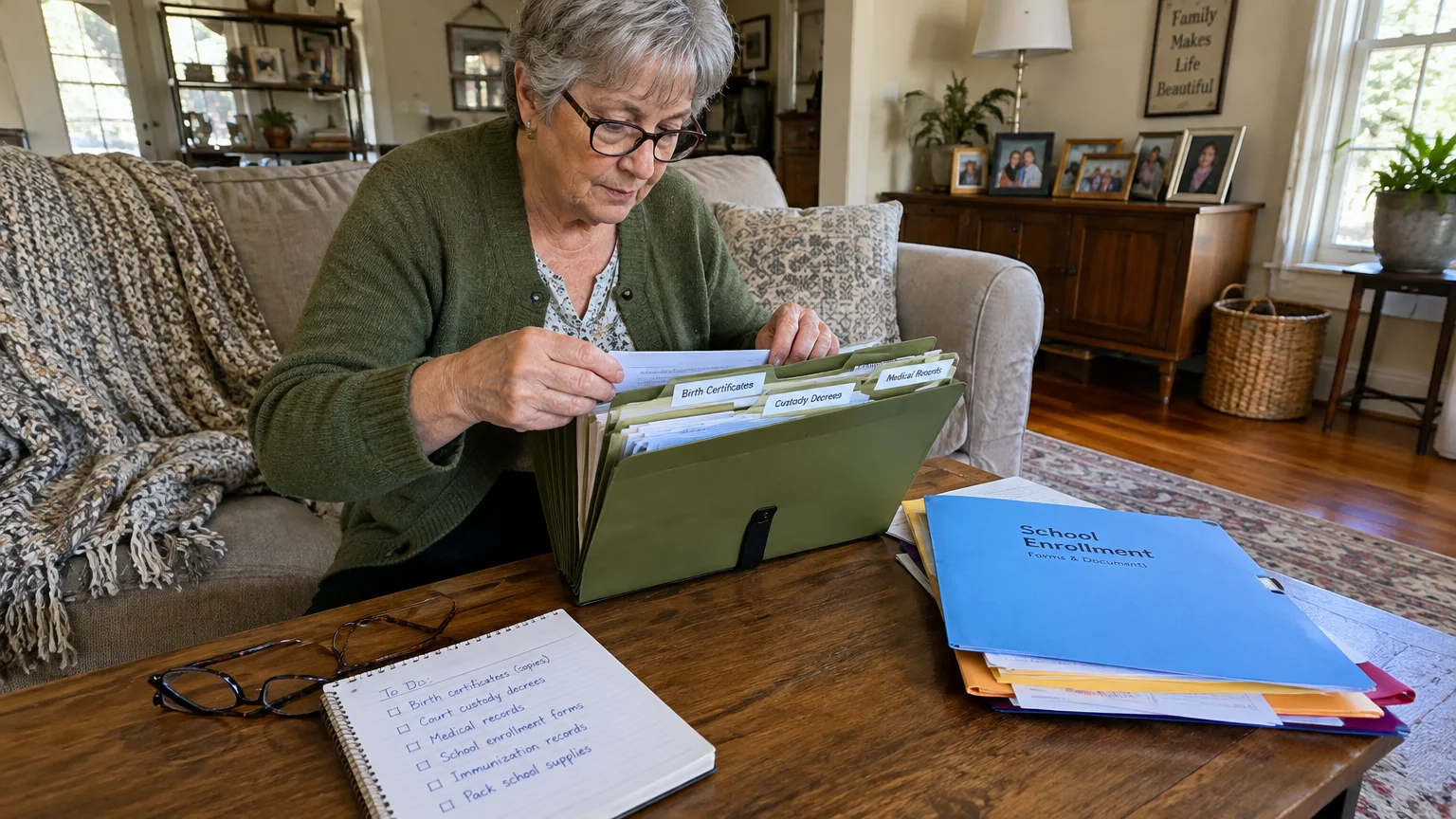 Senior woman sorts legal documents in an expanding file folder on a coffee table next to a handwritten checklist.