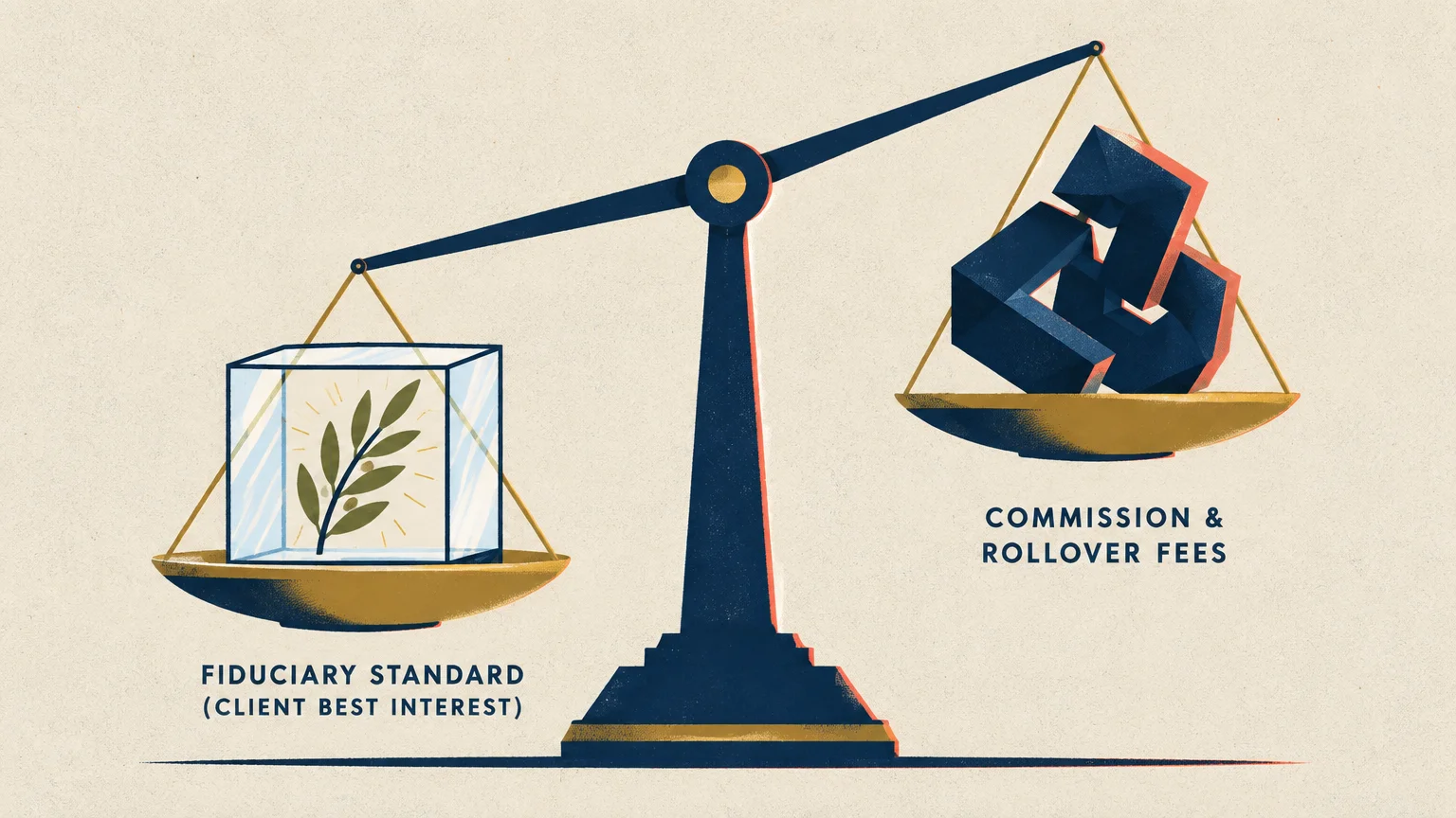 Illustration of a scale balancing fiduciary standard in a glass cube against heavy commission and rollover fees.